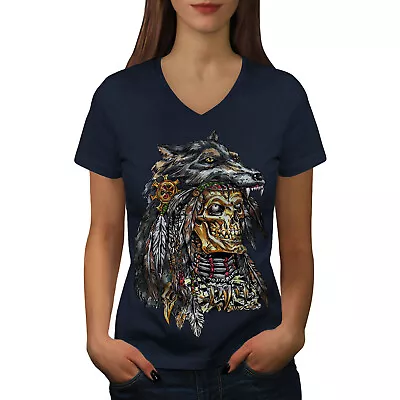 Buy Wellcoda Wolf Metal Death Skull Womens V-Neck T-shirt, Skull Graphic Design Tee • 15.99£