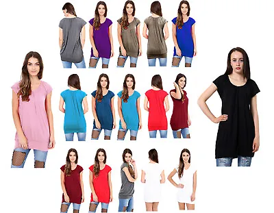 Buy  New Women's Low Cut Plain Hip Long Line Top T Shirt Tunic Gathering Holiday Top • 11.99£
