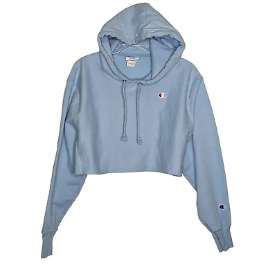 Buy Champion Reverse Weave Cropped Pullover Hoodie Light Blue Sweatshirt Size M • 21.37£