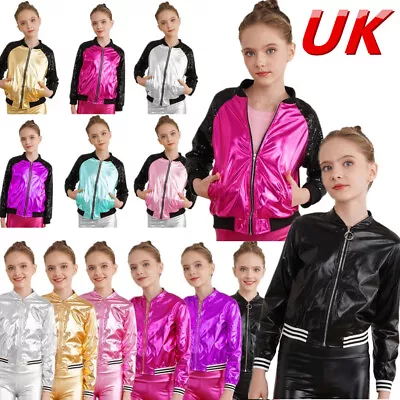 Buy UK Girl Kid Shiny Baseball Jacket Glitter Zipper Coat Metallic Outerwear Costume • 11.62£