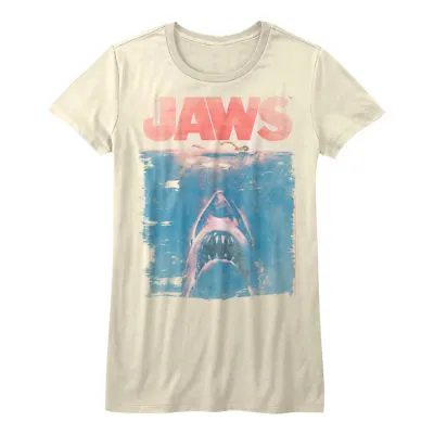 Buy Jaws Vintage Movie Poster Women's T Shirt Shark Attack Swimmer Faded Top Merch • 23.65£