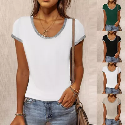 Buy Womens Glitter Neck Short Sleeve T Shirt Tunic Tops Summer Slim Fit Blouse Tee • 3.99£
