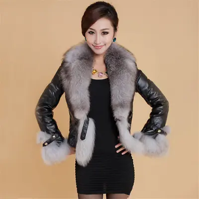 Buy 2023 New Winter Women's Coat Artificial Fur Collar Short Coat PU Jacket • 82.20£