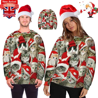 Buy Mens Women 3D Print Christmas Santa Cat Ugly Jumper Sweatshirt Funny Pullover😺 • 17.99£