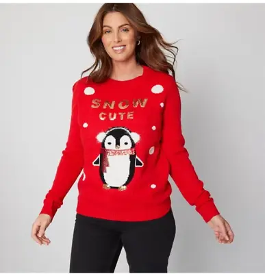Buy New Be You Womens Plus Size 20-22 Red Penguin Sequin Novelty Xmas Jumper • 0.99£