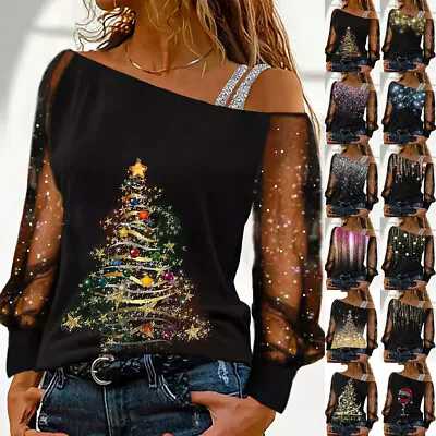 Buy Ladies Christmas Xmas Party PRINTED Sequins Long Sleeve Tops Tee T-shirts Blouse • 12.59£