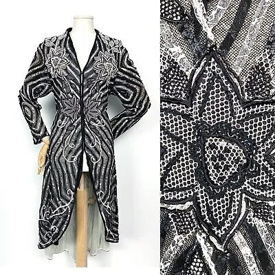 Buy Embellished Black And White Mesh Coatigan Appliqué Evening Sheer Coat L • 82£
