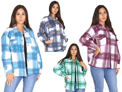 Buy Women Ladies Check Fleece Casual Jacket Shacket Collared Top Shirt Coat UK Size • 12.99£