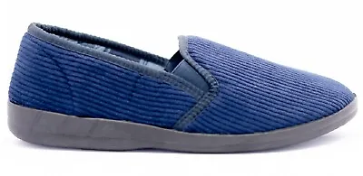 Buy Gents Hard Sole Comfy Mens Slip On Navy Striped Warm Indoor Slippers Shoes Size • 9.95£