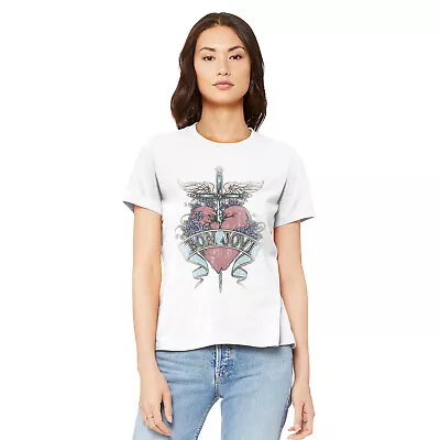 Buy Bon Jovi Vintage Pierced Heart Tattoo Women's T Shirt Top Rock Band Music Merch  • 25.10£