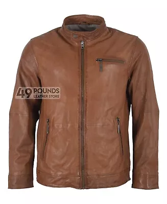 Buy Men's TAN Cool Retro Biker Style Soft REAL Napa Leather Jacket S-0017 • 49£