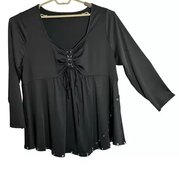 Buy Womens Black Blouse 5XL Goth Witchy Silky Pullover Flare Grommets Tie Front • 23.39£