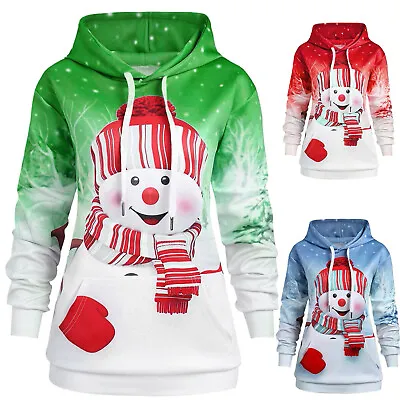 Buy Women Sweatshirt Christmas Hoodies Big Pocket Cartoon Snowman Print Pullover Top • 27.86£