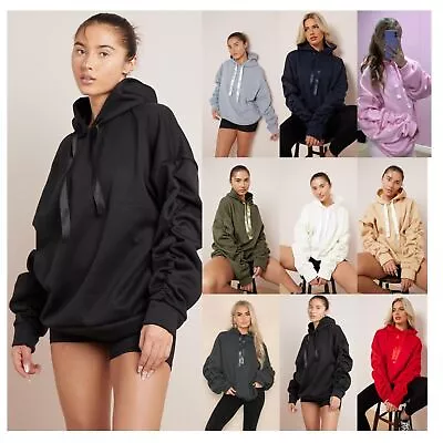 Buy Womens Ruched Sleeve Oversized Hooded With Ribbon Ladies Sweatshirt Jumper Top • 15.90£