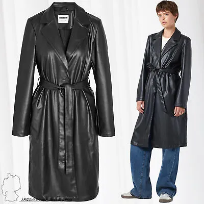 Buy Women NOISY MAY Faux Leather Coat Jacket Knee-length Waist Belt Long NMCORA NEW • 71.56£