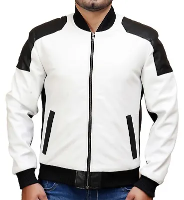 Buy Mens Leather Bomber Slim Fit White And Black Real Soft Perforated Leather Jacket • 79.99£