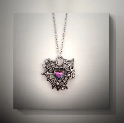 Buy Spider Web Heart Necklace Pendant Jewellery Silver Gothic Diamanté Unique Gift • 5.99£