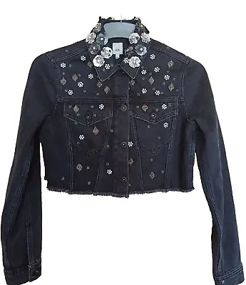 Buy Women's River Island Black Denim Embellished Jean Jacket Size XS RRP £80 • 38£