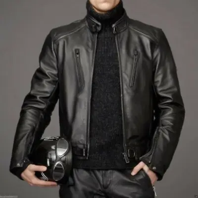 Buy Men's Genuine Cowhide Leather Black Jacket Slim Fit Biker Motorcycle Jacket • 89.99£