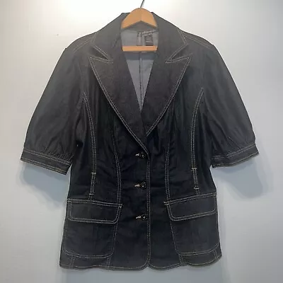 Buy BISOU BISOU Womens Jean Jacket Half Puff Sleeves Sz Large Blue Dark Wash Denim • 23.14£