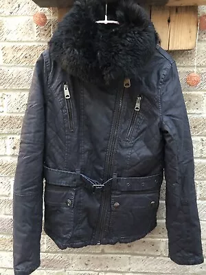 Buy TOPSHOP BLACK JACKET 6 Quilted Removable Faux Fur Collar Belted Pockets VGC • 15.99£