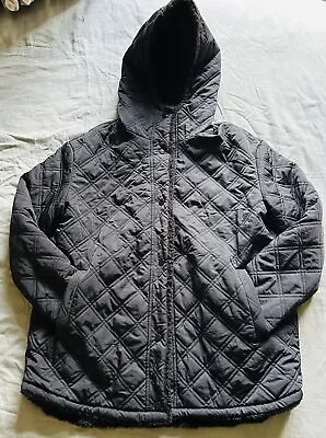Buy Black Diamond Quilted Hooded Teddy Lined Coat Jacket Warm Fluffy Winter Size 16 • 10£