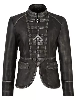 Buy Ladies Leather Jacket Vintage Military Parade Studded Real Leather Jacket 8976 • 93.41£