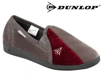 Buy Mens Dunlop Full Slippers Velour Two-Tone Twin Gusset Comfy Warm Grey / Burgundy • 15.99£