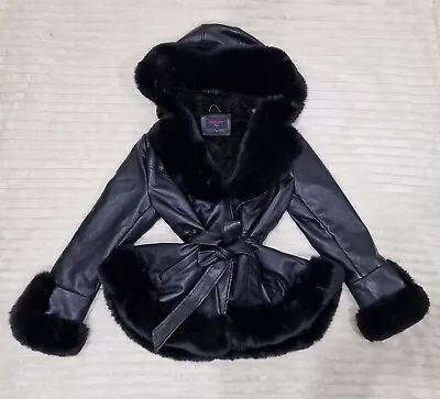 Buy Wulux Paris Faux Fur Trim Fleece Lined Hooded Leather Coat Jacket Size 14 Black • 45£