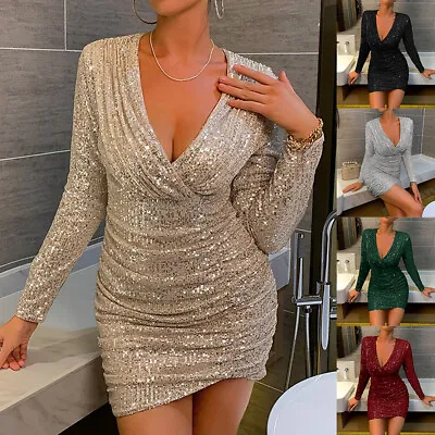 Buy Womens Sexy Sequin Party Bodycon Ladies Glitter Evening Cocktail Wrap Mini Dress • 4.59£