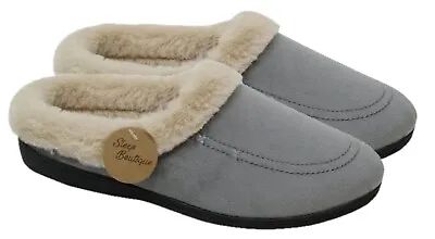 Buy Womens Grey FLUFFY TAB Faux Suede Indoor Outdoor Slippers Sizes 3,4,5,6,7,8 NEW • 11.85£