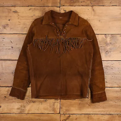 Buy Vintage Leather Jacket M 70s Pullover Western Tassle Brown Hook & Eye • 79.99£