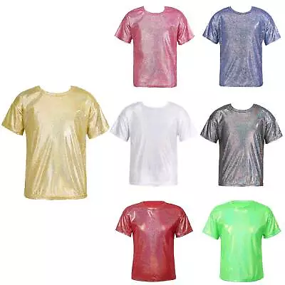 Buy Kids Girls Boys Shiny Metallic Stage Show Pullover Dance Shirt Bronzing T-Shirt • 10.59£
