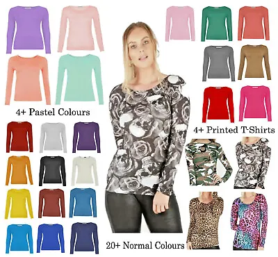 Buy Womens Ladies Long Sleeve Stretch Plain Round Scoop Neck T Shirt Top Assorted • 6.49£