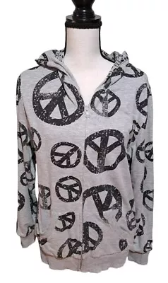 Buy Hippie Peace Sign Full Zip Hoodie Gray Black Reversible Two Side Pocket SZ XL • 15.39£
