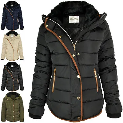 Buy Womens Ladies Quilted Winter Coat Puffer Fur Collar Hooded Jacket Parka Size New • 29.99£