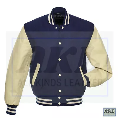 Buy Varsity Letterman Jacket Blue Wool Genuine Cream Leather Sleeves XS - 4XL • 74.99£