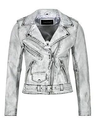 Buy Ladies Gothic Leather Jacket Biker Fashion White Vintage Waxed Distressed Jacket • 119.75£