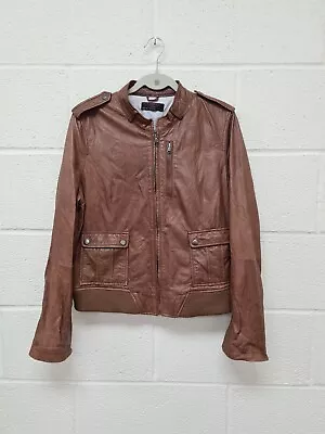 Buy New Look Leather Jacket Size 18 UK Retro Trucker Soft Brown Bomber Biker Short • 39.99£