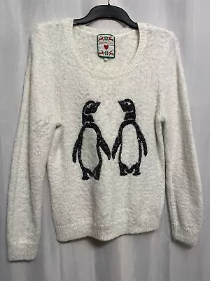 Buy ;529 Merry Christmas Sz L 16/18 Ivory Fluffy Knit Sequin Penguin Xmas Jumper  • 12£