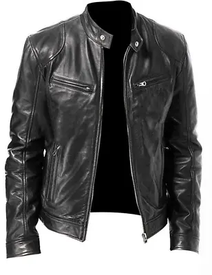 Buy Uk Mens Vintage Cafe Racer Brown Black Leather Casual Slim Fit Real Biker Jacket • 24.98£