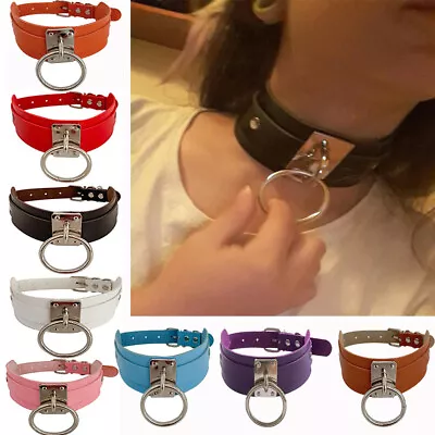 Buy Women Choker Punk Faux Leather Necklace Big Ring Jewellery OPTIONAL CHAIN • 7.99£