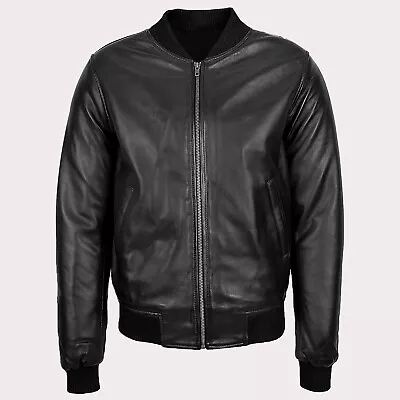 Buy Mens Real Leather Bomber Jacket 100% Soft Pilot Lambskin Inspired Retro Style UK • 62.50£