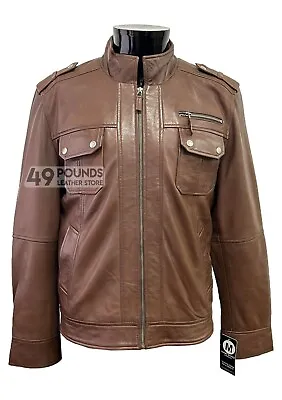 Buy Mens Brown Leather Jacket 100% REAL NAPA Stand UP Collar Biker Style Jacket M154 • 41.65£