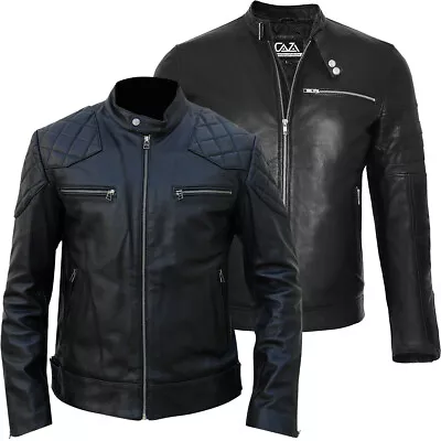 Buy  Mens Black David Beckham Real Leather Biker Jacket Vintage Cafe Racer Slim Fit • 54.99£