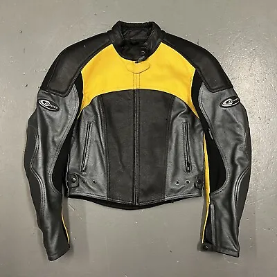 Buy Womens DMP Moto Sport Leather Cropped Motorcycle Jacket Black Yellow Size 38F • 60£