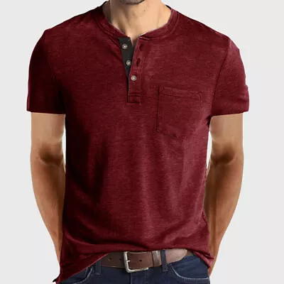 Buy Men Short Sleeve T-shirt Casual Henley Grandad V Neck Button Solid Tee Shirt Top • 14.89£