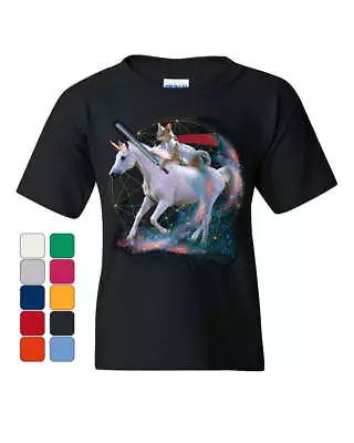 Buy Space Cat Riding A Unicorn With A Saber Youth T-Shirt Weird Universe Kids Tee • 14.96£
