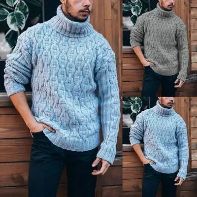 Buy Mens Chunky Cable Knitted Sweater Winter Warm Jumper Top High Roll Neck Knitwear • 4.39£