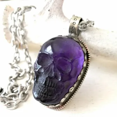 Buy Hand Carved Purple Amethyst Stone Large Skull Pendant 23  Necklace Boho Unique • 65.63£